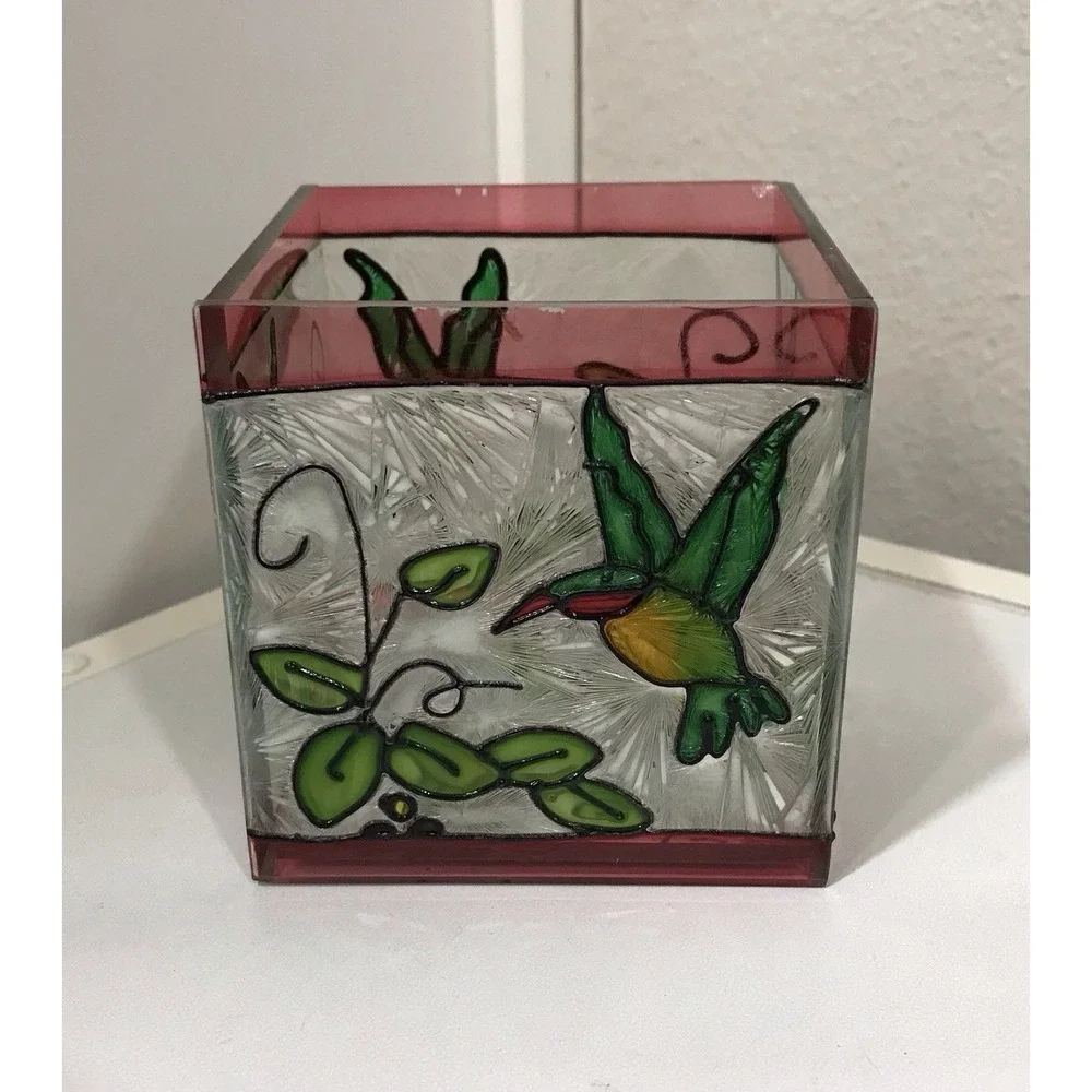 Glass Votive Hand Painted Hummingbird Flowers 3